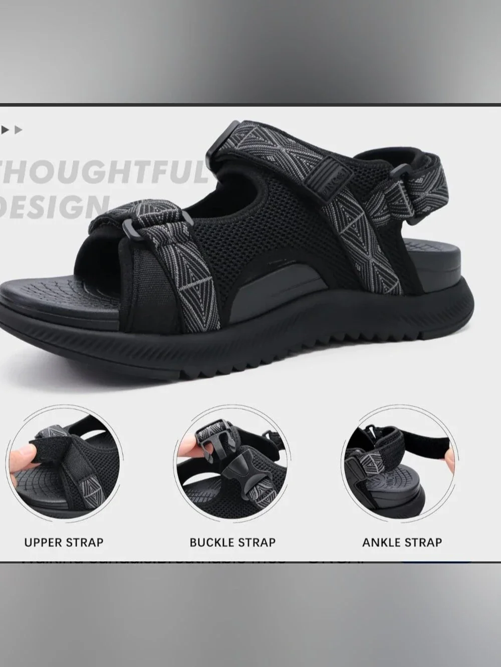 Oncai Men's 9 Black Hiking Sandals with Arch Support Adjustable Straps Outdoor